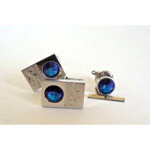 Vintage Cuff Links Tie Pin Blue Rhinestone Etched Retro Cufflinks MCM
